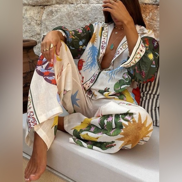 Tops - Printed Long Sleeve Shirt and Pants Set